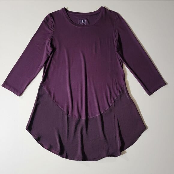 LOGO by Lori Goldstein® Burgundy Round-neck  Mixed Media Short Sleeve Dress - Picture 1 of 11